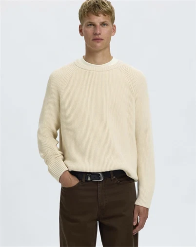 Selected - SLMBraun Rib Crew Strik - Birch